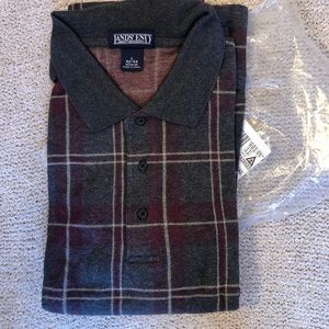 NWT LANDS END  Gray/red/white plaid Cotton  Long Sleeve Polo  Shirt